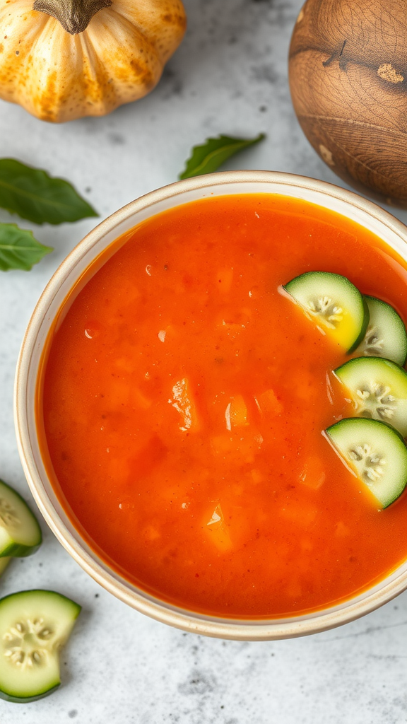 A bowl of gazpacho topped with cucumber slices, surrounded by a pumpkin and leaves.