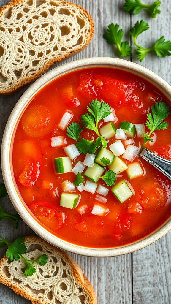 A bowl of gazpacho topped with diced cucumber, onions, and fresh herbs, with slices of bread on the side.