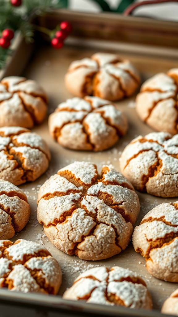 A tray of freshly baked ginger molasses crinkle cookies, dusted with powdered sugar.