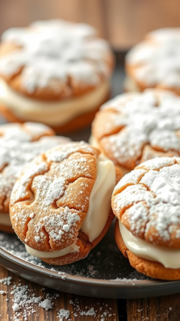A plate of ginger snap sandwich cookies dusted with powdered sugar, showcasing their creamy filling.
