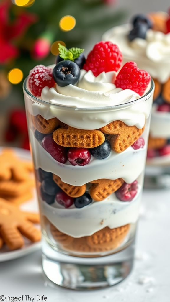 A festive gingerbread cookie trifle with layers of whipped cream, gingerbread cookies, and fresh berries in a clear glass.