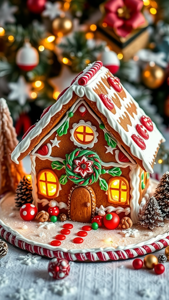 A beautifully decorated gingerbread house cake with colorful candies and a festive background.