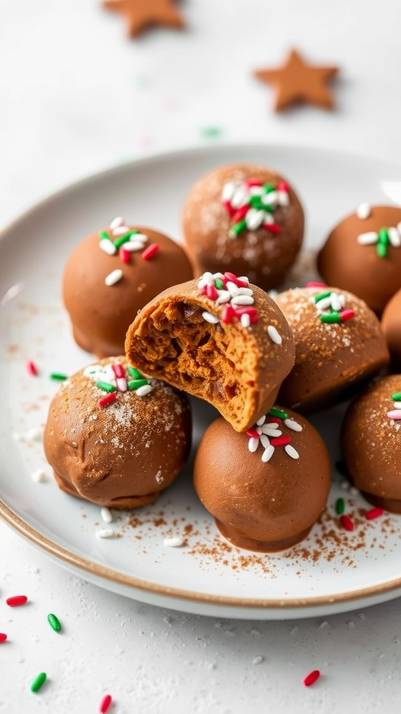 A plate of gingerbread truffles with colorful sprinkles