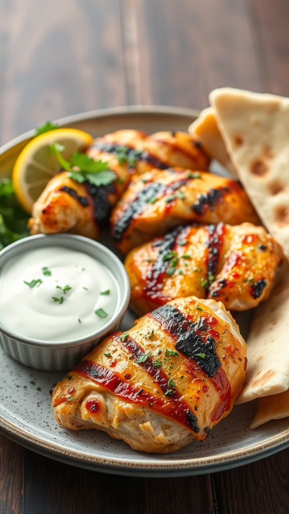Grilled Greek chicken served with yogurt sauce and pita bread