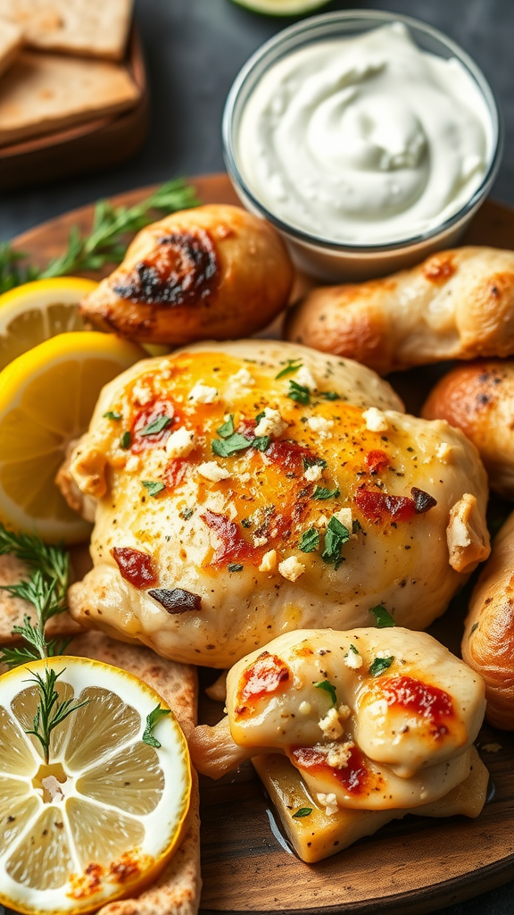 A plate of Greek chicken with lemon, herbs, and yogurt on the side.
