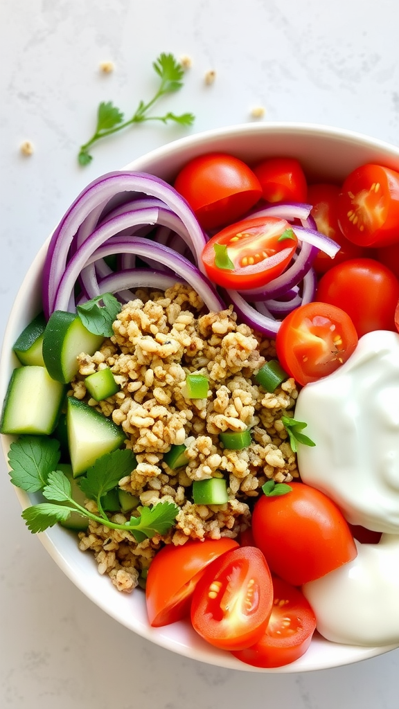 A colorful Greek grain bowl with tomatoes, cucumbers, onions, and yogurt.