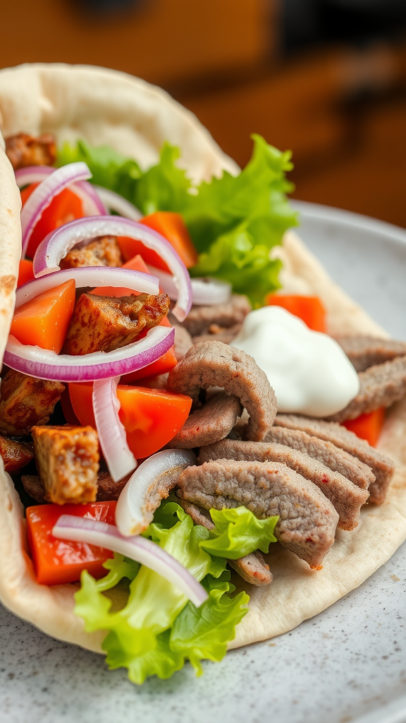 A close-up of a Greek gyros wrapped in pita, filled with sliced meat, fresh vegetables, and tzatziki sauce.