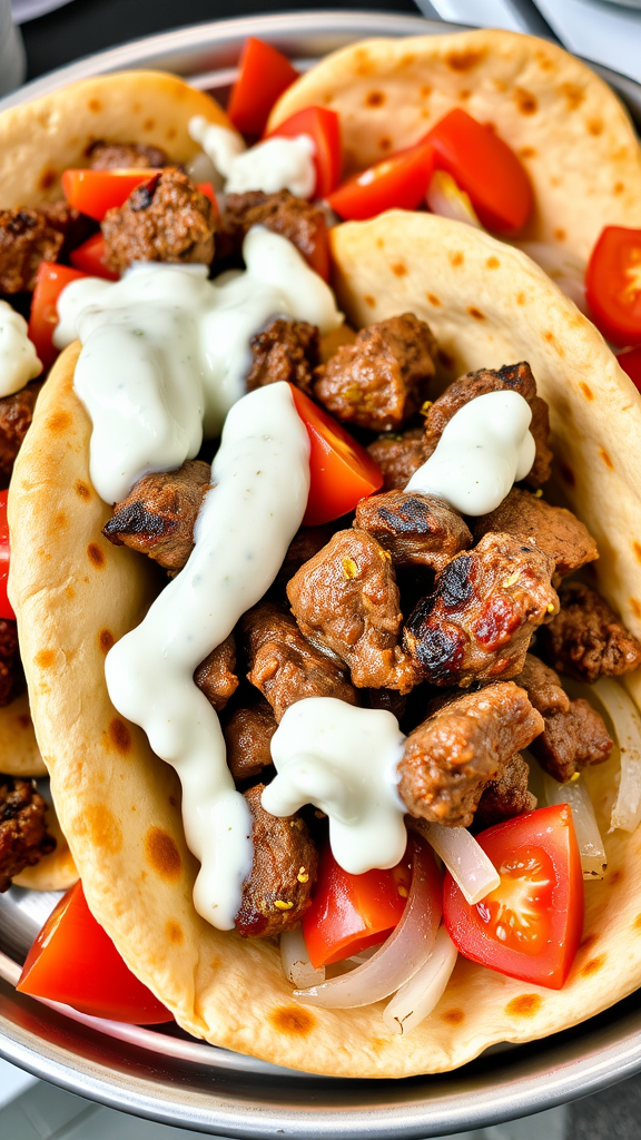 Platter of Greek gyros with meat, tomatoes, and sauce in flatbread