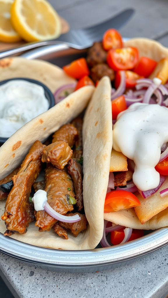 A plate of Greek gyros with pita bread, grilled meat, tomatoes, onions, sauce, and lemon slices.