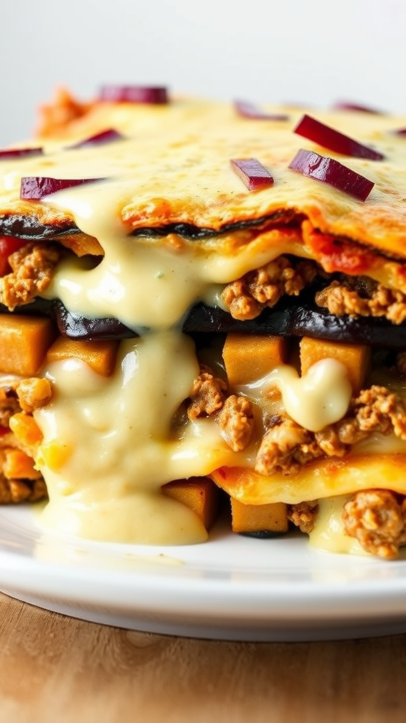 A delicious serving of Greek Moussaka with melted cheese and layered vegetables.