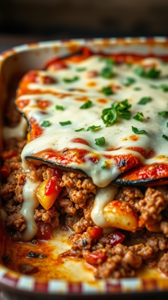 A close-up of a baked Greek Moussaka with layers of eggplant, ground meat, and cheese