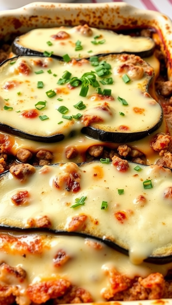 A deliciously baked Greek Moussaka with layers of eggplant, meat, and béchamel sauce, garnished with fresh herbs.