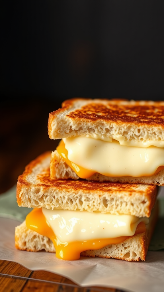 A perfectly grilled cheese sandwich with melted cheese oozing out, showcasing golden-brown bread.
