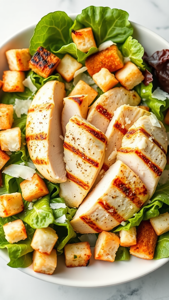 A bowl of Grilled Chicken Caesar Salad with sliced grilled chicken, croutons, and lettuce.