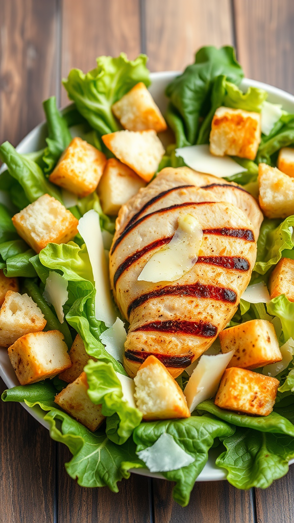 Grilled chicken Caesar salad with lettuce, croutons, and Parmesan cheese in a bowl