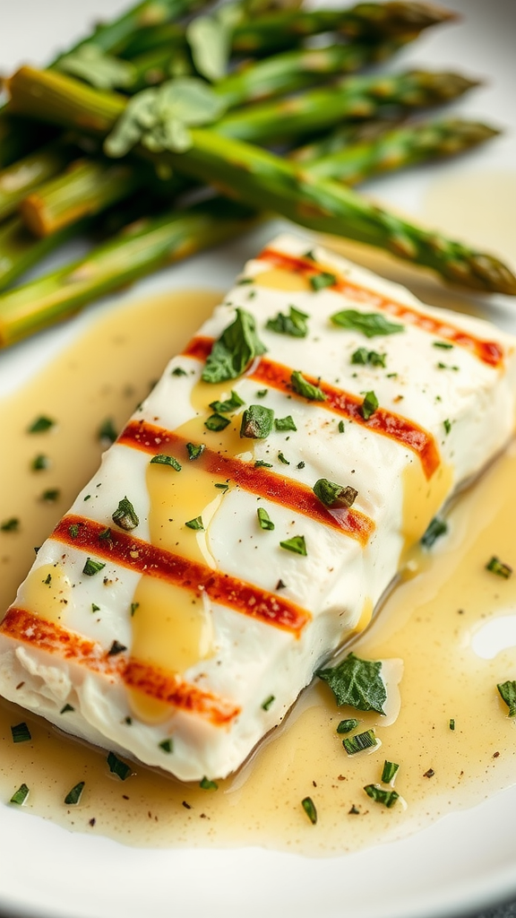 Grilled halibut with herb sauce served with asparagus
