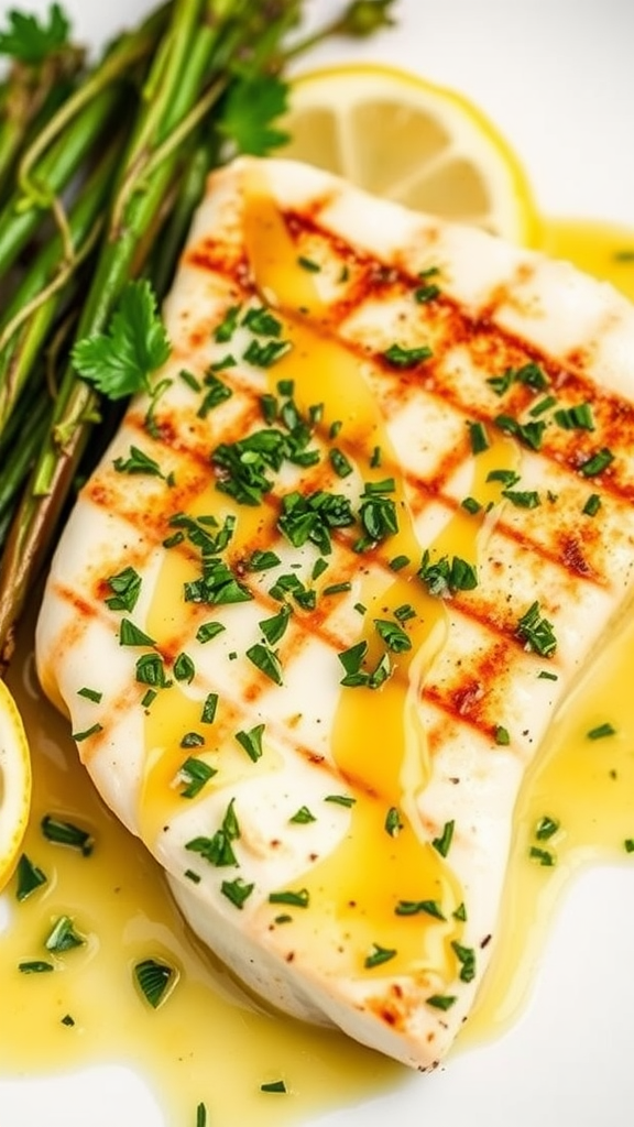 Grilled halibut with herb sauce served with asparagus and lemon slices.