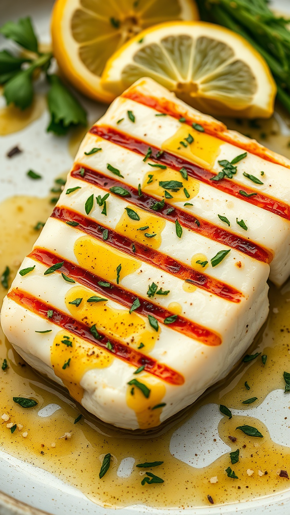 Grilled halibut fillet with herb sauce and lemon slices
