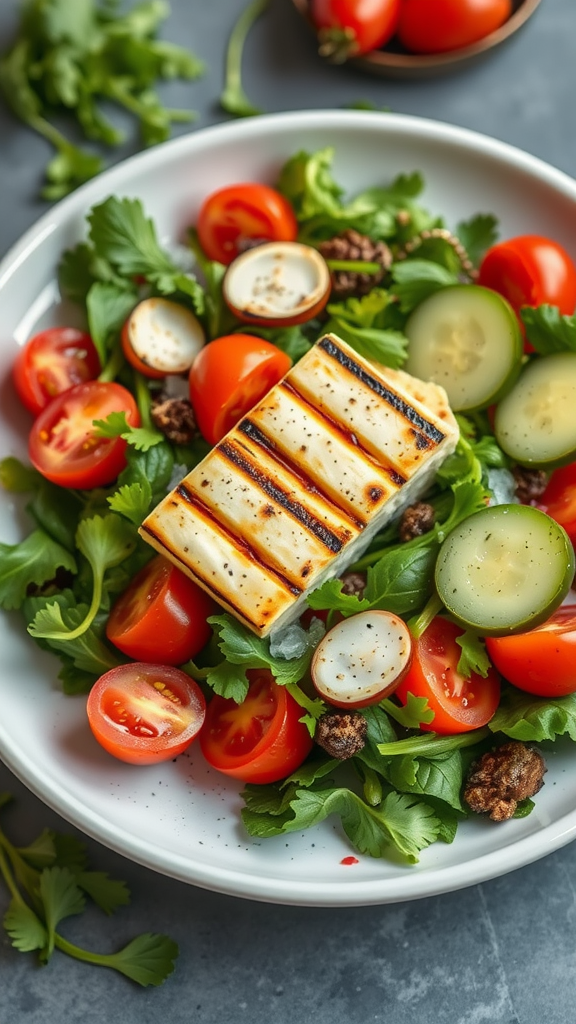 A beautiful grilled halloumi salad with fresh greens, cherry tomatoes, and cucumber