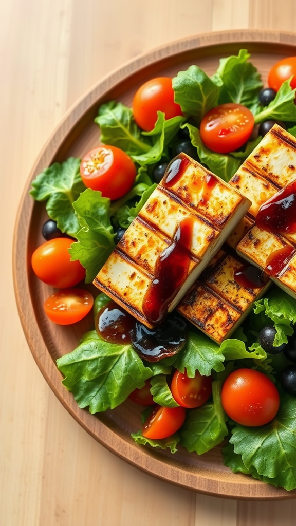 A delicious grilled halloumi salad with greens, tomatoes, and olives.