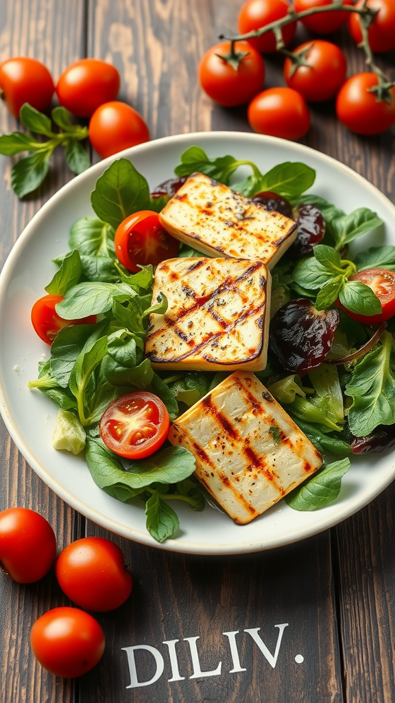 Grilled Halloumi Salad with cherry tomatoes and greens
