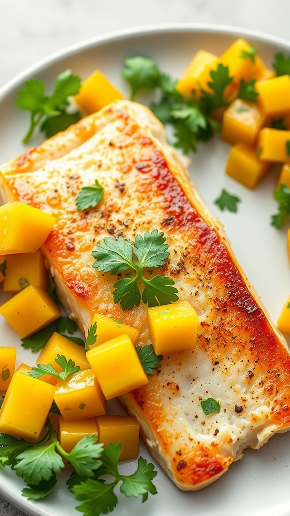 A plate of grilled mahi-mahi with mango and cilantro.