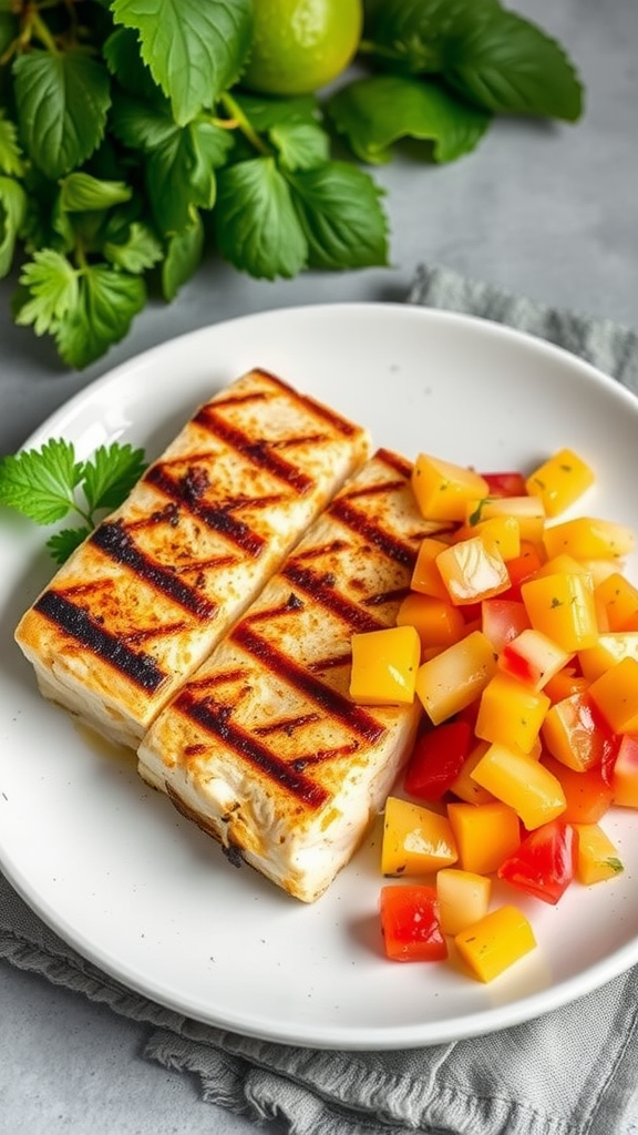 Grilled mahi mahi with fruit salsa on a white plate.