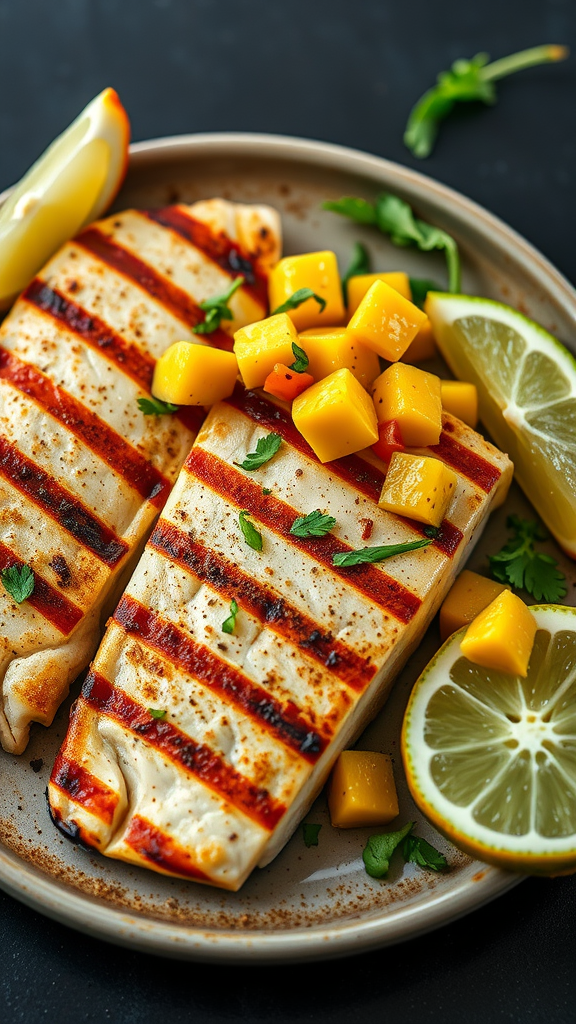 Grilled Mahi Mahi fillets topped with mango salsa and garnished with herbs on a plate.