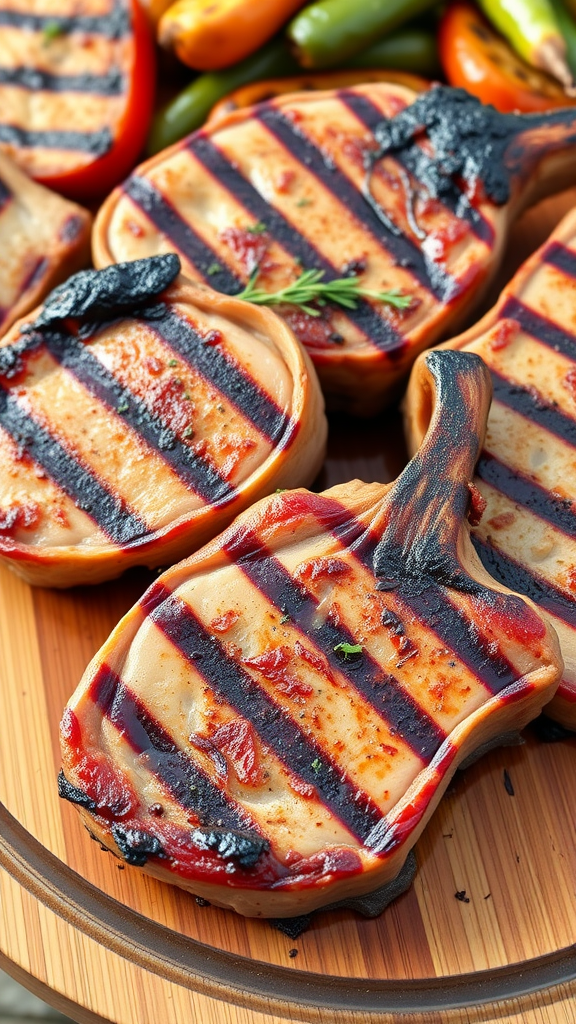 Grilled pork chops with perfect grill marks and a colorful assortment of vegetables