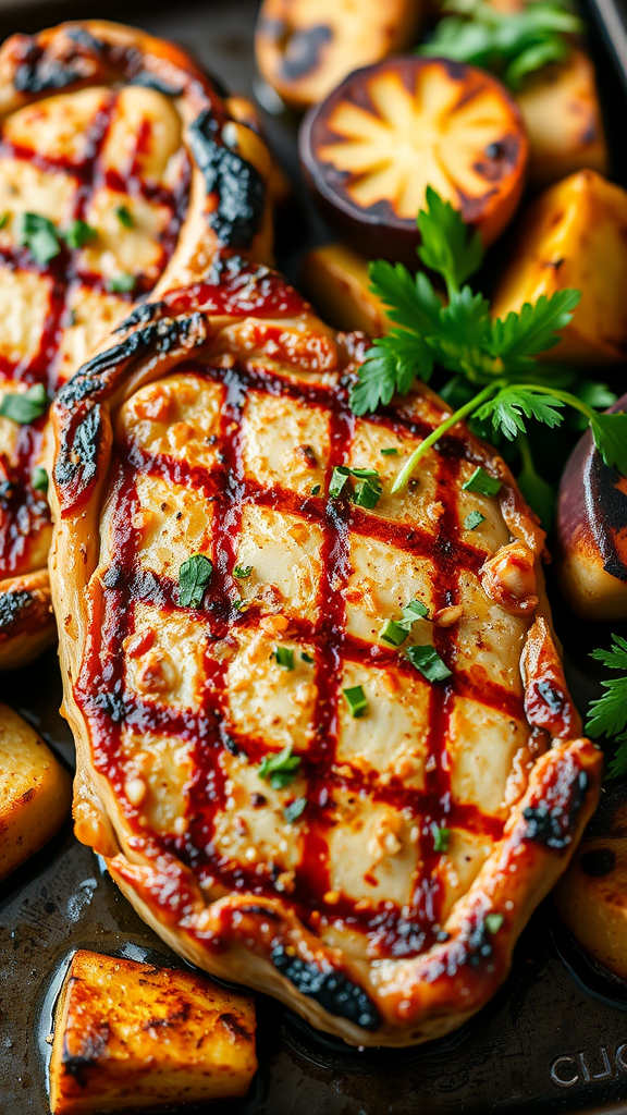Delicious grilled pork chops served with colorful roasted vegetables