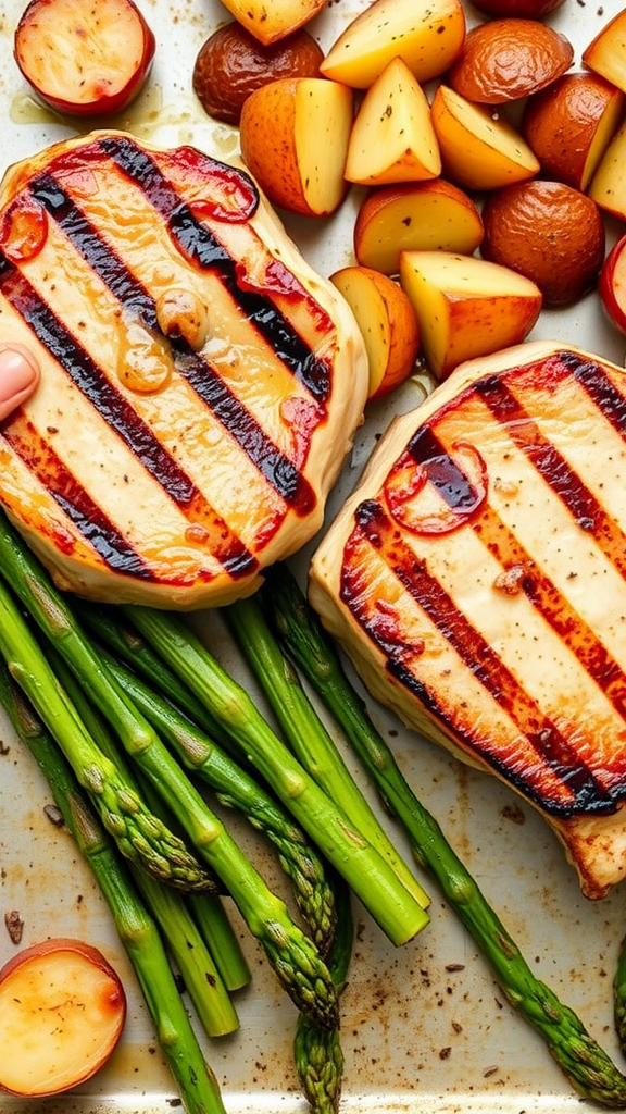 Grilled pork chops with asparagus and roasted baby potatoes on a tray.