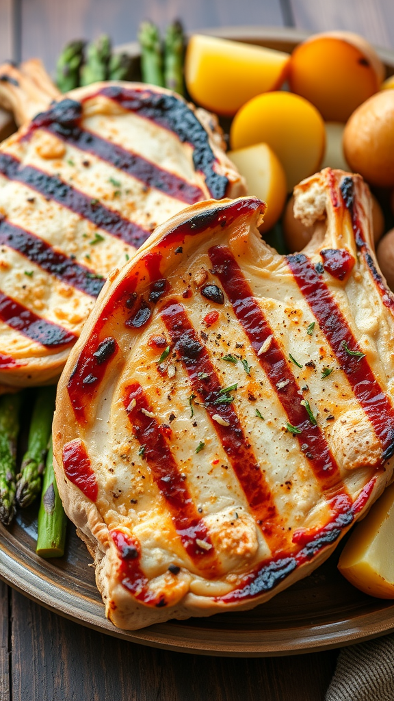Grilled pork chops served with asparagus and potatoes on a plate.