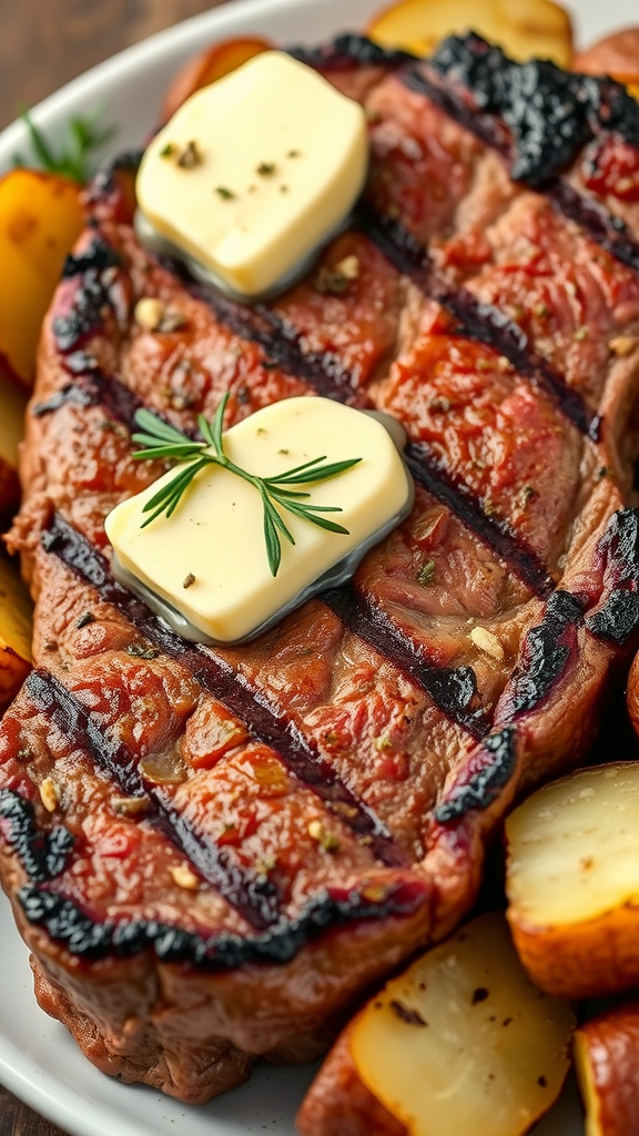 A perfectly grilled ribeye steak with butter on top, served with roasted potatoes.