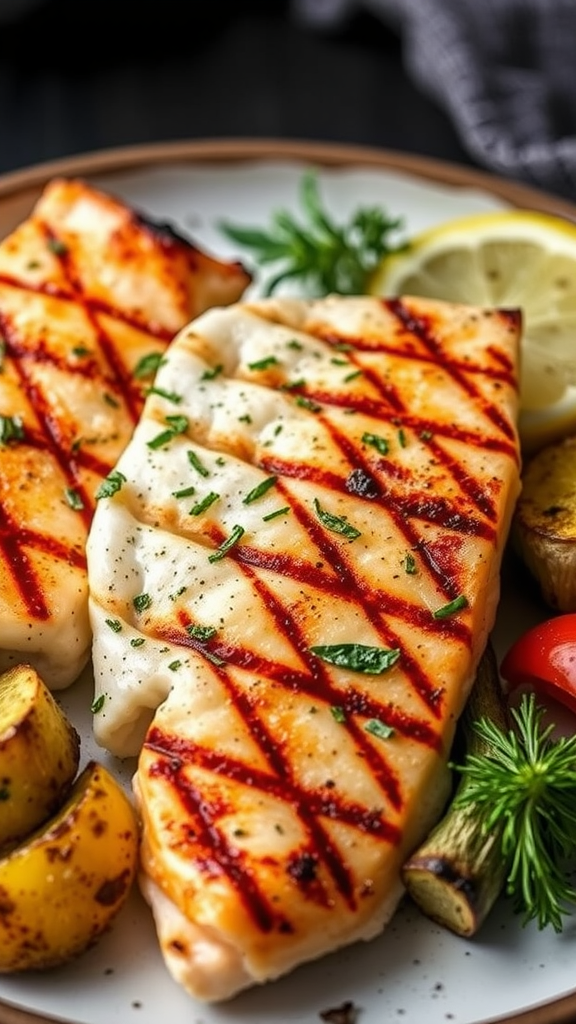 Grilled rockfish fillets with herbs and lemon on a plate