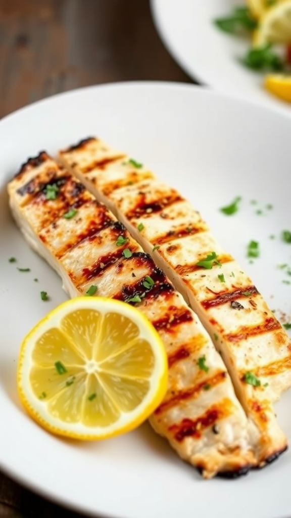 Grilled rockfish fillets with lemon slices