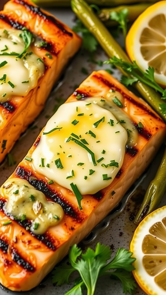 Grilled salmon fillets topped with lemon herb butter, garnished with herbs and lemon slices, served with green vegetables.