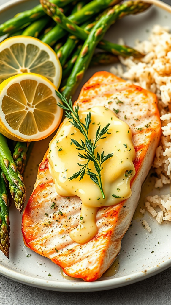 Grilled salmon topped with lemon herb butter, served with asparagus and rice.