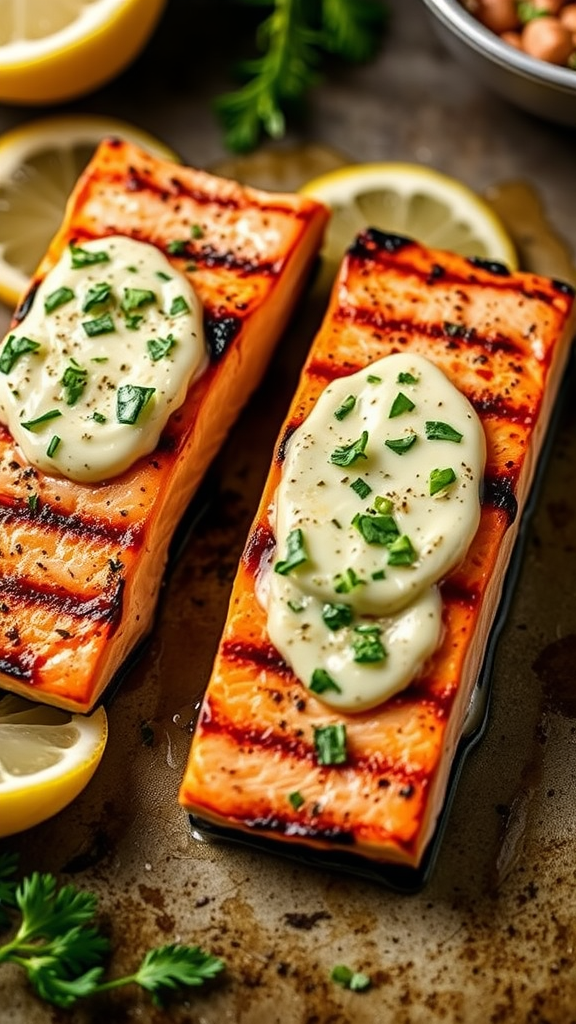 Grilled salmon with lemon herb butter topped with fresh herbs and lemon slices
