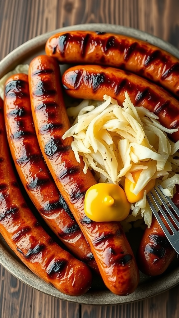 A plate of grilled sausages with sauerkraut and mustard