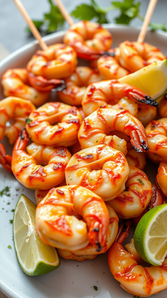 A plate of grilled shrimp garnished with lime slices