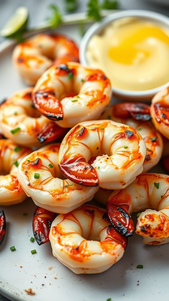 A plate of grilled shrimp with a dipping sauce and lime garnish.