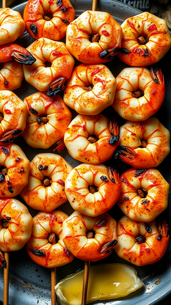 A close-up of grilled shrimp skewers, seasoned and arranged on a plate with a side of olive oil.