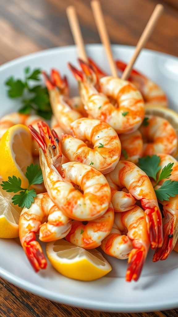 A plate of grilled shrimp garnished with lemon and parsley