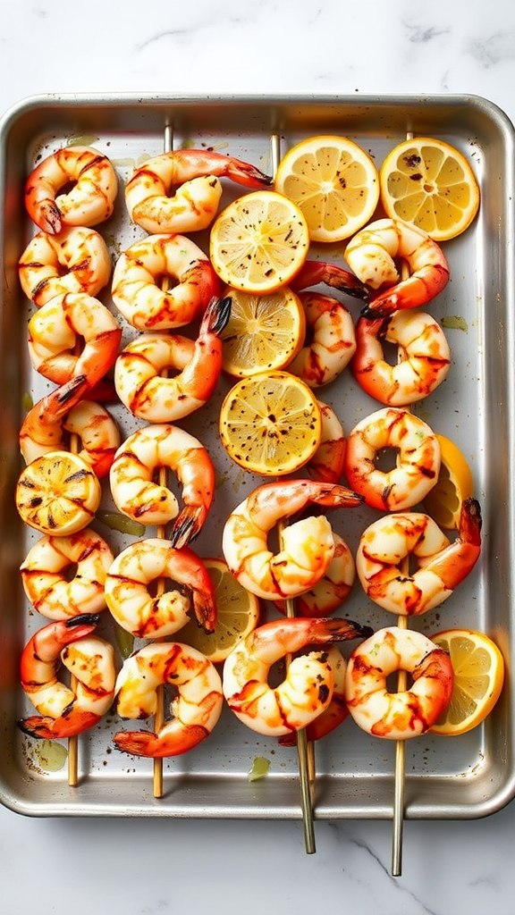 A tray of grilled shrimp skewers with lemon slices