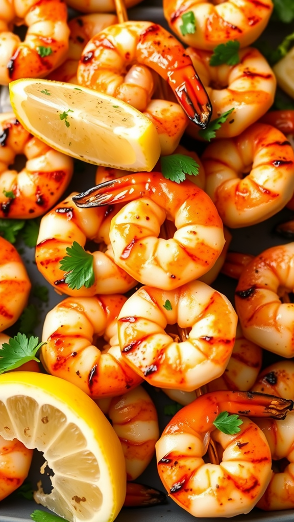 Grilled shrimp garnished with lemon and cilantro