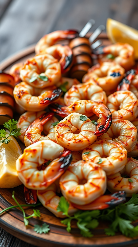 A plate of grilled shrimp with lemon slices and fresh herbs
