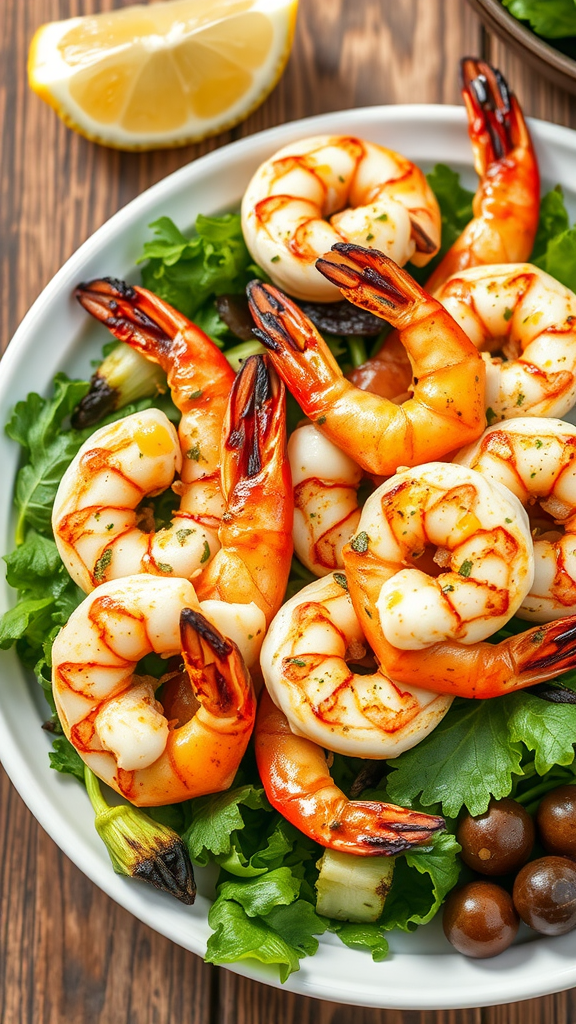 A delicious platter of grilled shrimp on a bed of fresh greens with lemon slices.