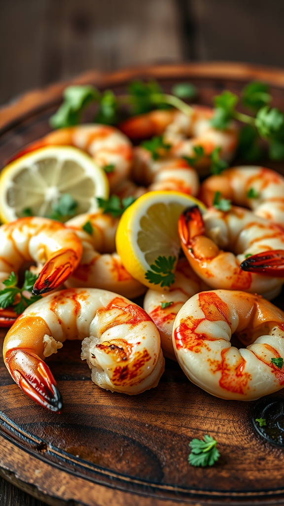 Grilled shrimp garnished with lemon and herbs on a wooden platter.