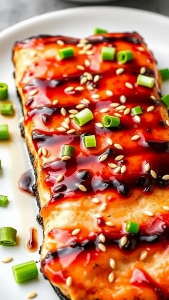 Grilled teriyaki salmon garnished with green onions and sesame seeds