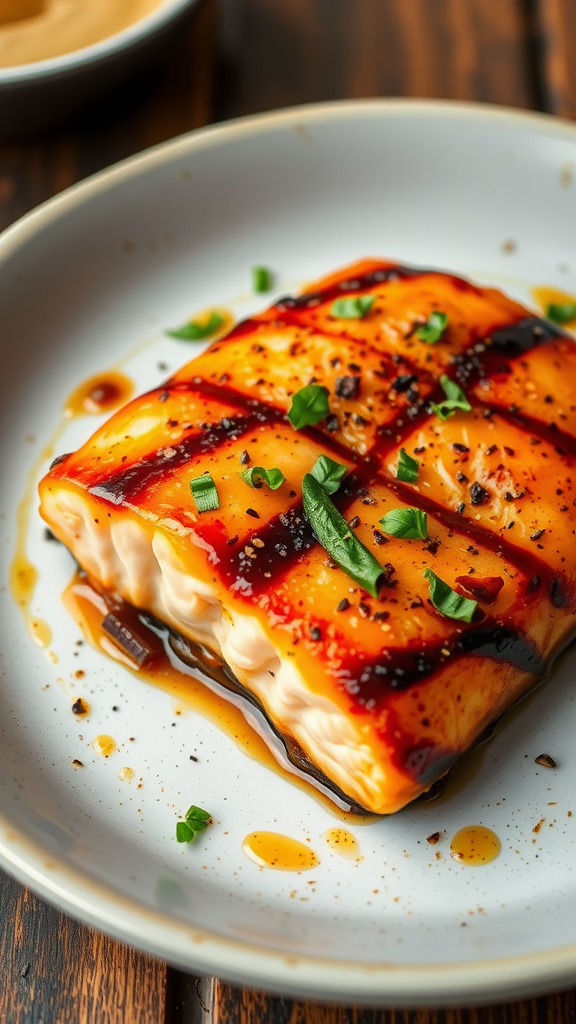 Grilled teriyaki salmon garnished with herbs on a plate